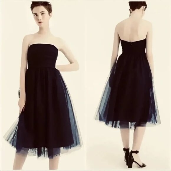 NEW J. Crew Black Strapless Tulle Voluminous Puffy Midi Dress Sz 0 - Picture 1 of 16